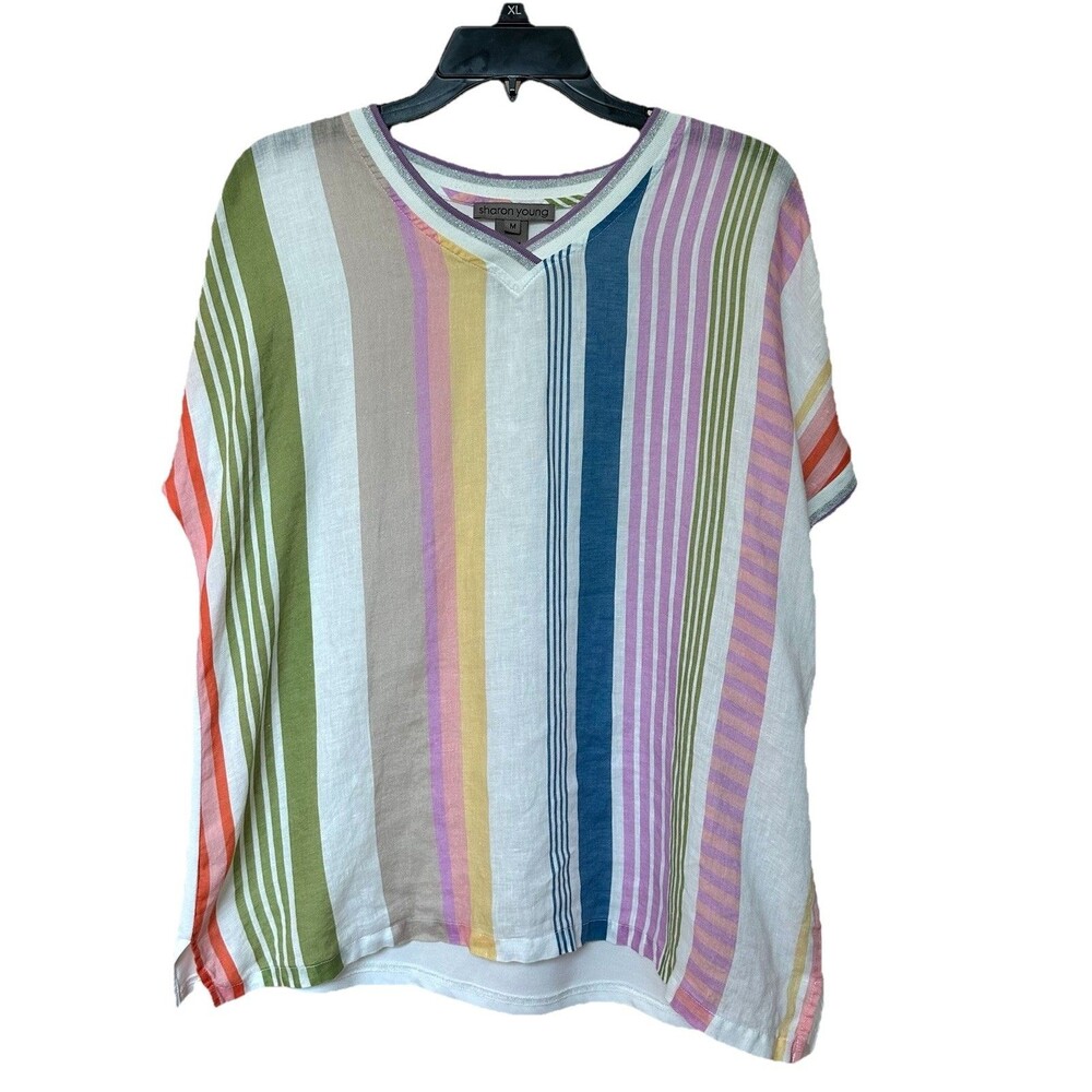 VTG Linen Sharon Young Top Med Multicolored Rainbow Stripes Resort Coastal Beach